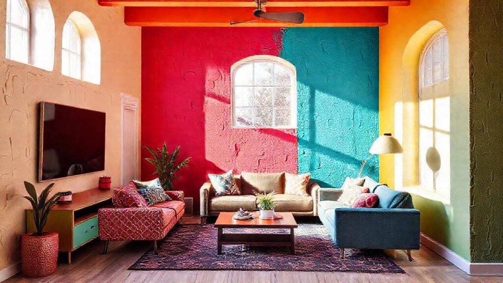 Un salón moderno y alegre con colores vibrantes