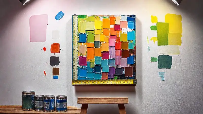 Un pintor calcula colores vibrantes en la pared