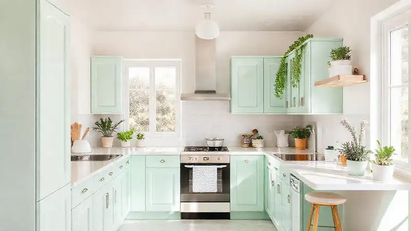 Una cocina luminosa y minimalista verde