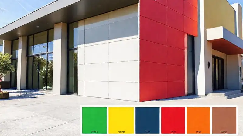 Fachada moderna, colores vibrantes y diseño limpio