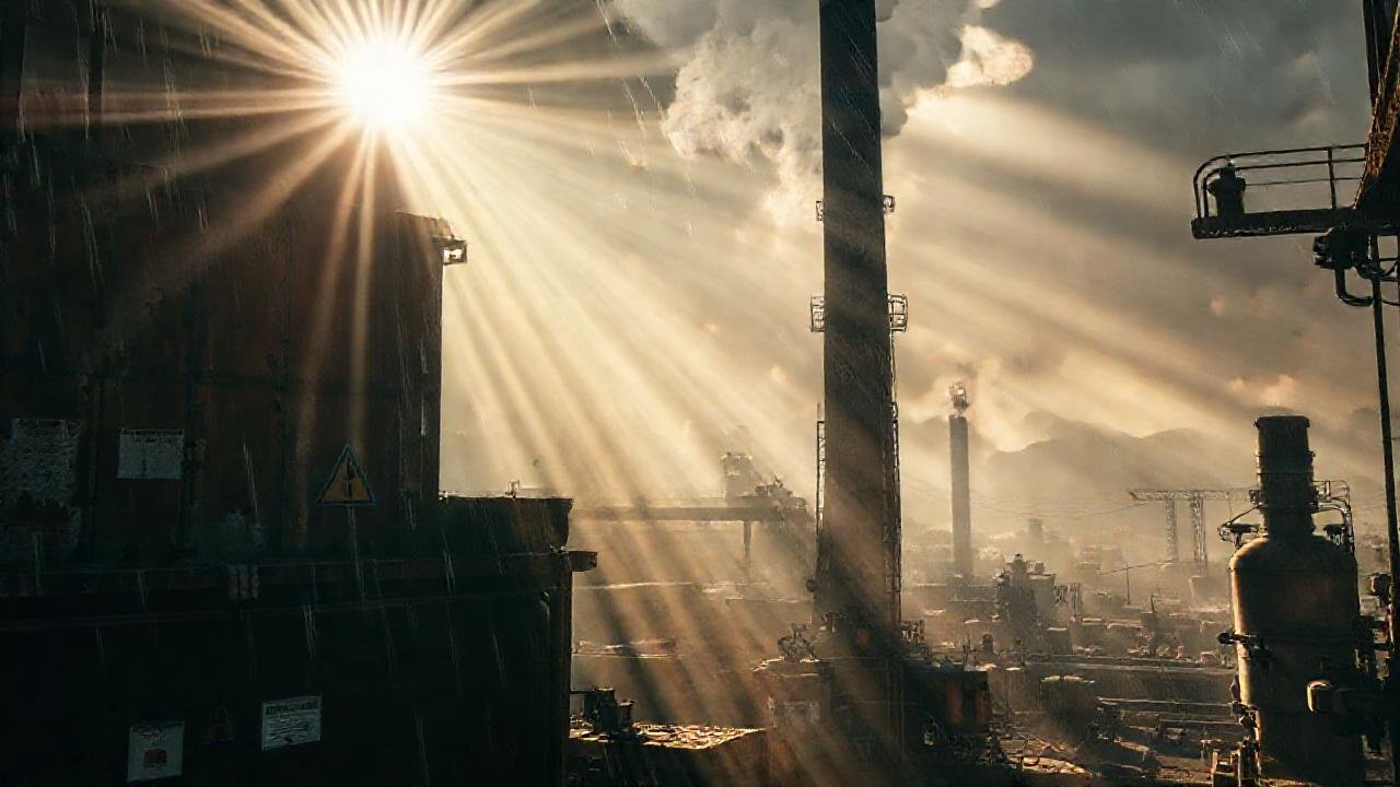 Una fábrica oxidada se desvanece bajo la lluvia