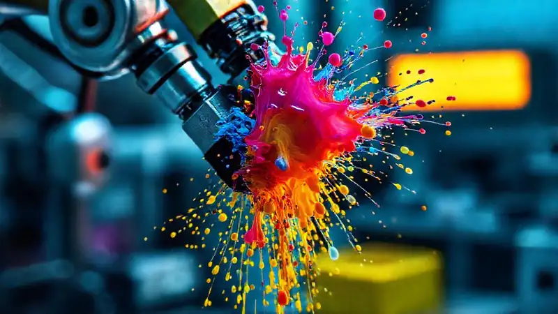 Pintura robótica en laboratorio, vibrante y precisa