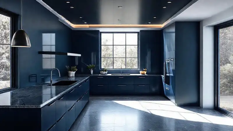 Una cocina azul moderna y luminosa