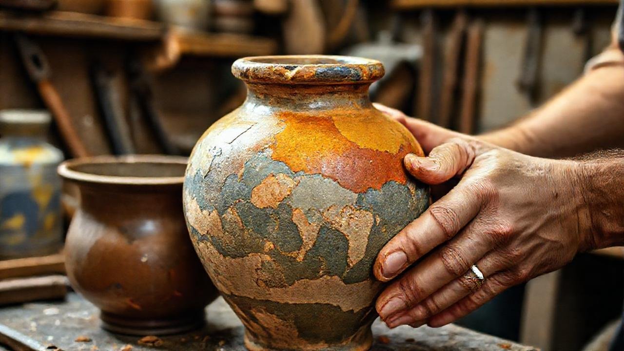 El artesano restaura un jarrón antiguo