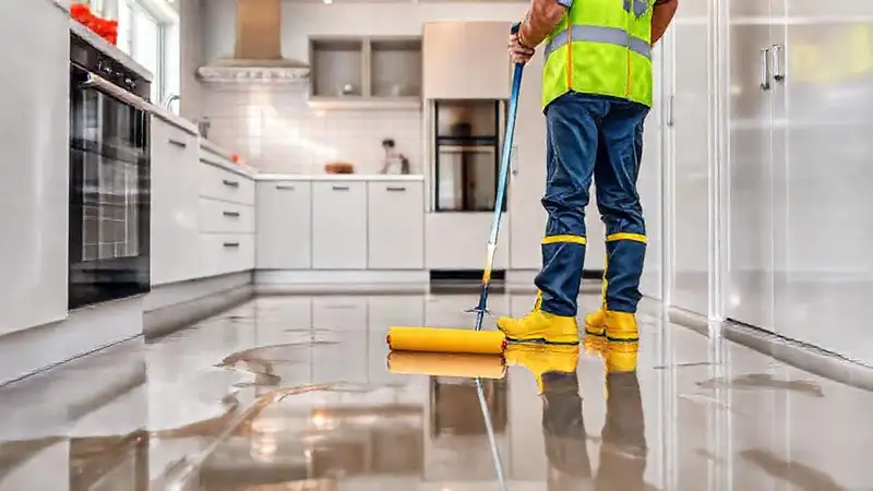 Un trabajador limpia una cocina moderna