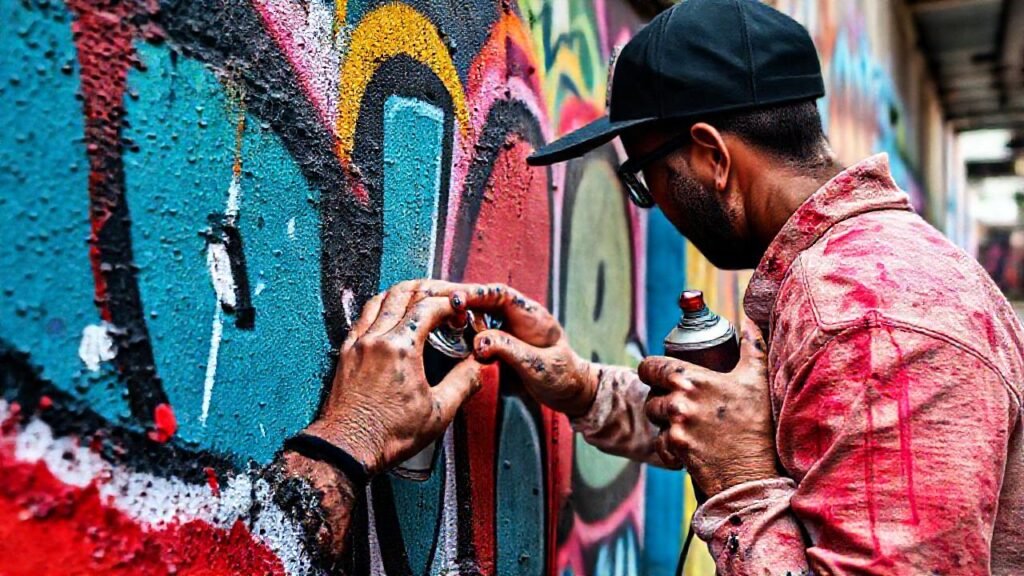 Artista callejero pinta mural vibrante