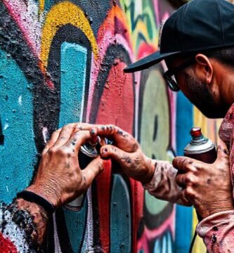 Artista callejero pinta mural vibrante