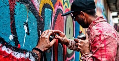 Artista callejero pinta mural vibrante