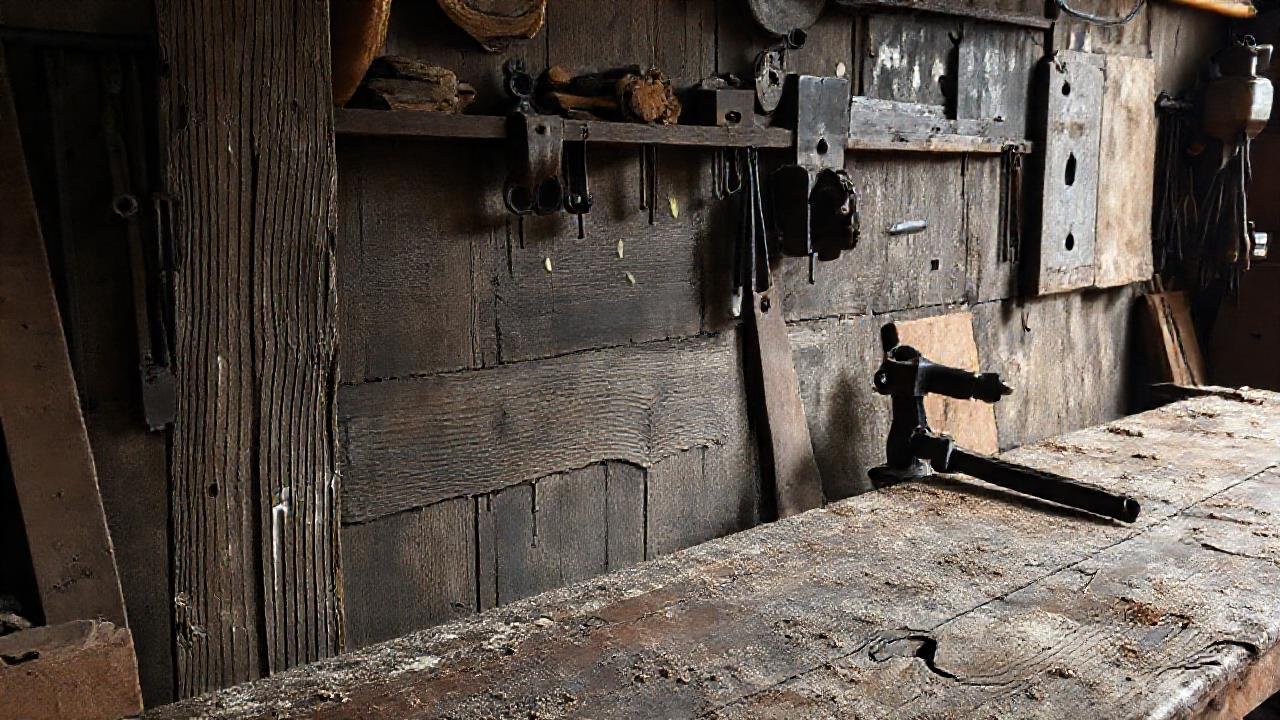 Taller rústico, madera vieja y desgastada