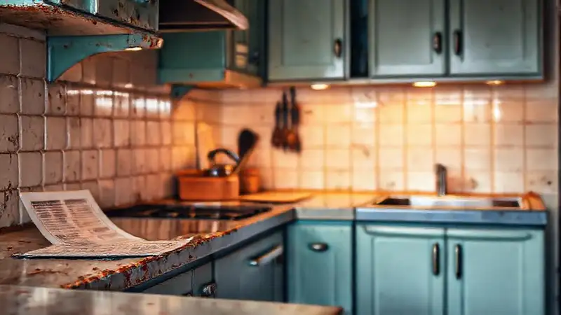 Cocina vintage, textura epoxi, acogedora y práctica