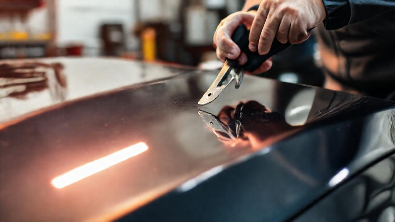 El mecánico restaura el brillante coche