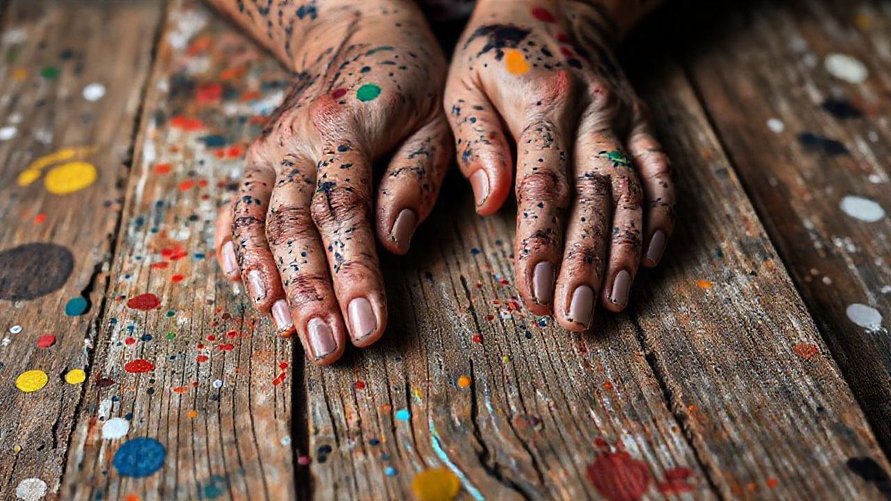La obra presenta texturas artísticas vibrantes