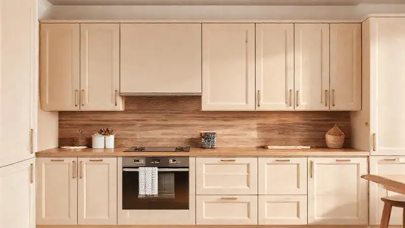 Cocina beige nórdica, elegante y minimalista