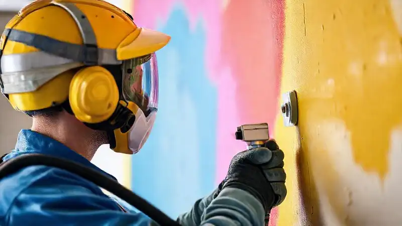 Pintor rocía pared con seguridad