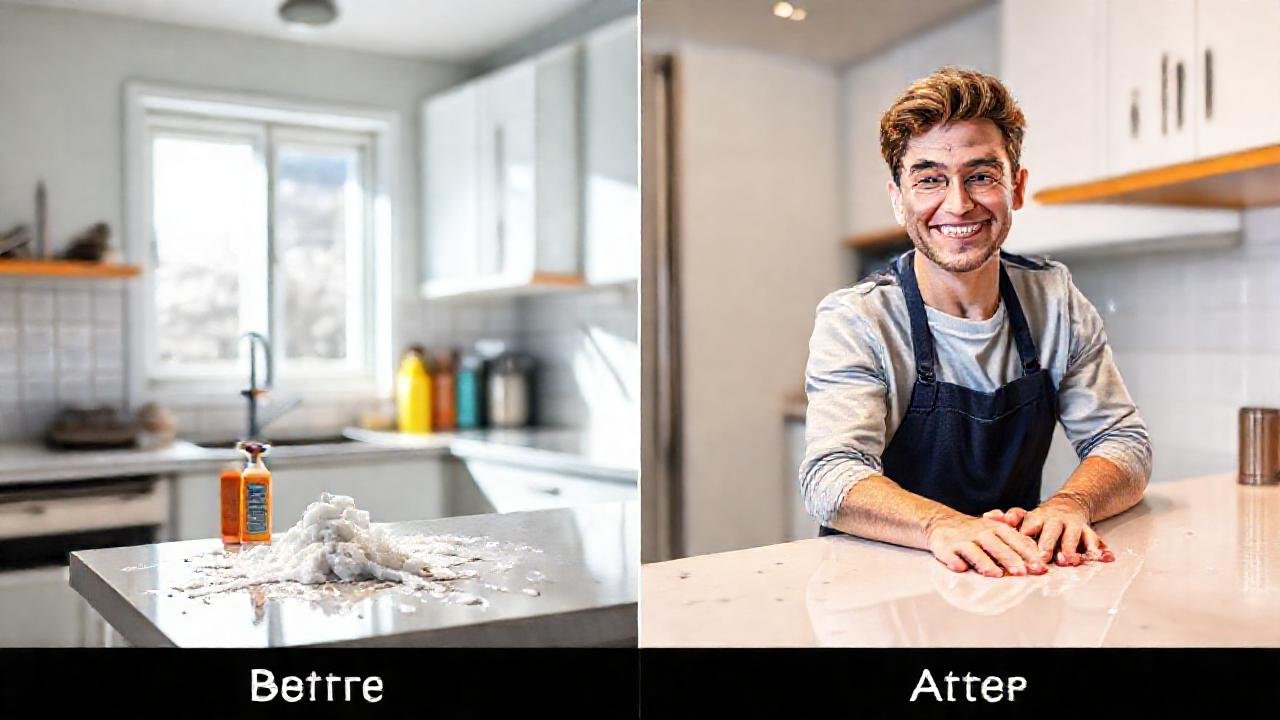 Cocina brillante limpia, manos satisfechas, impecable