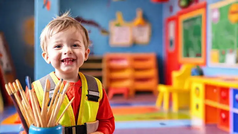 Un niño feliz juega en un espacio colorido