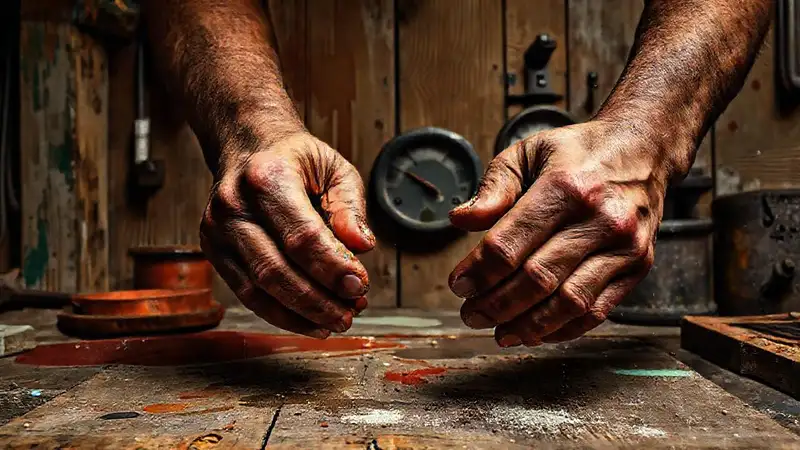 Taller industrial, manos serias y polvo