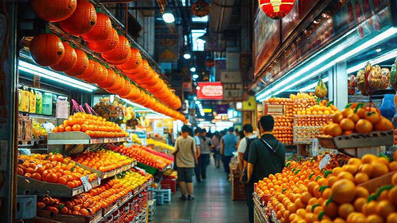Luces cálidas muestran frutas llamativas en la ciudad