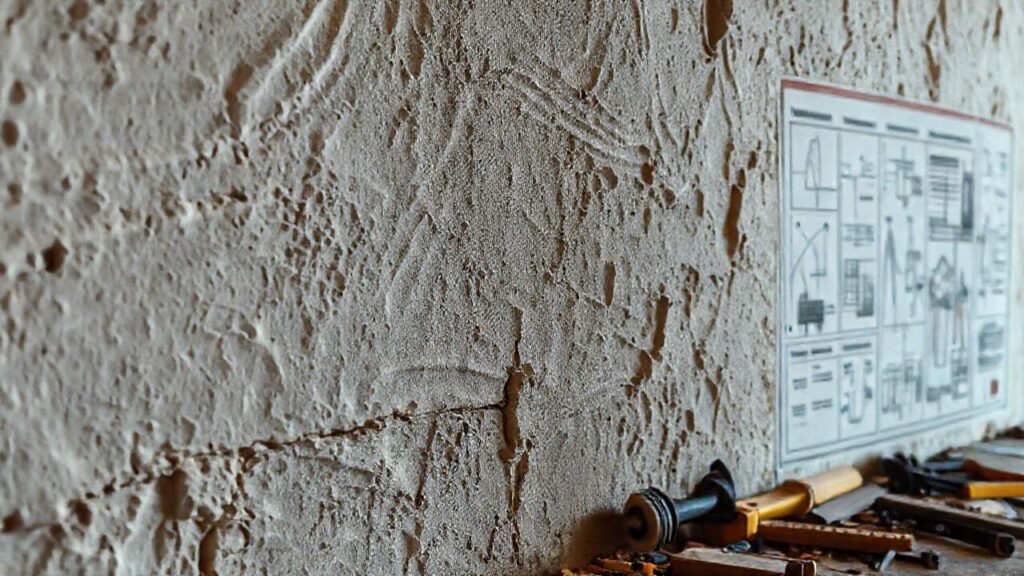 Un albañil confuso examina una pared imperfecta