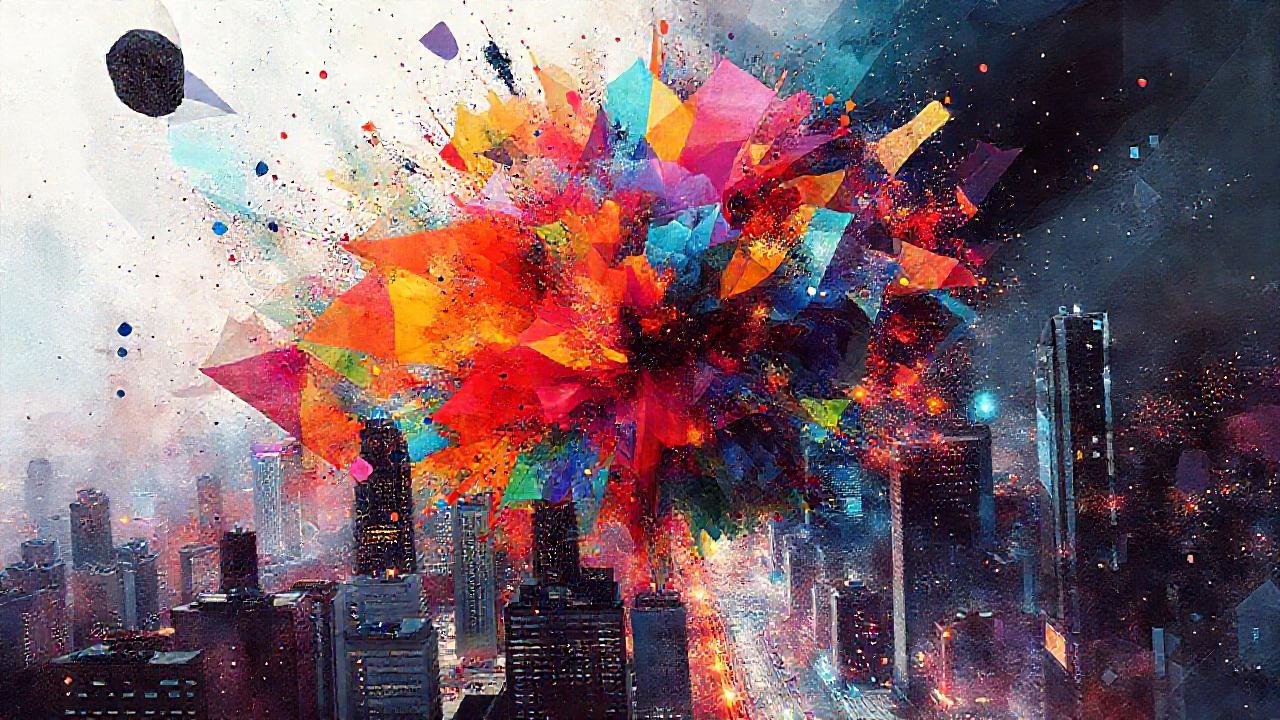 Ciudad futurista digital, explosión de color