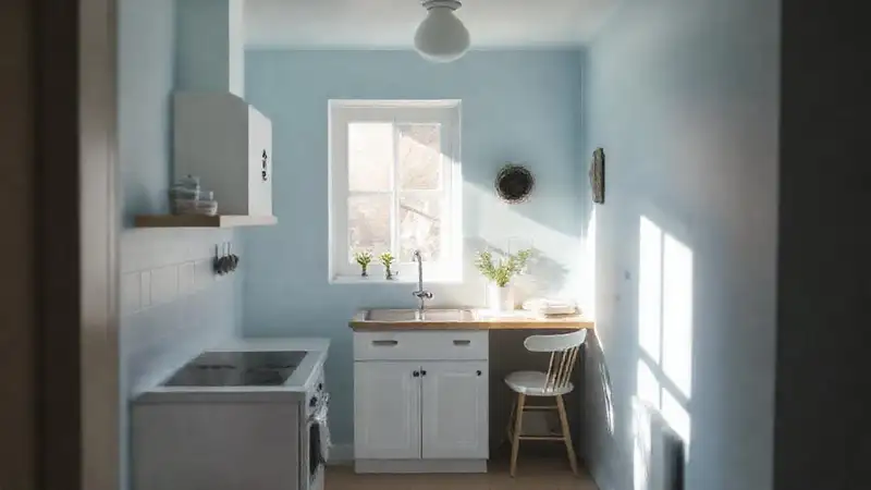 Una cocina azul serena y minimalista