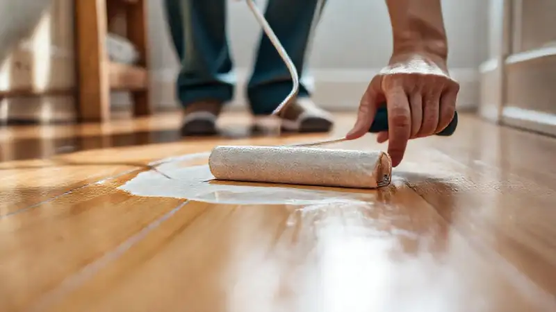 Manos pintan un suelo de madera