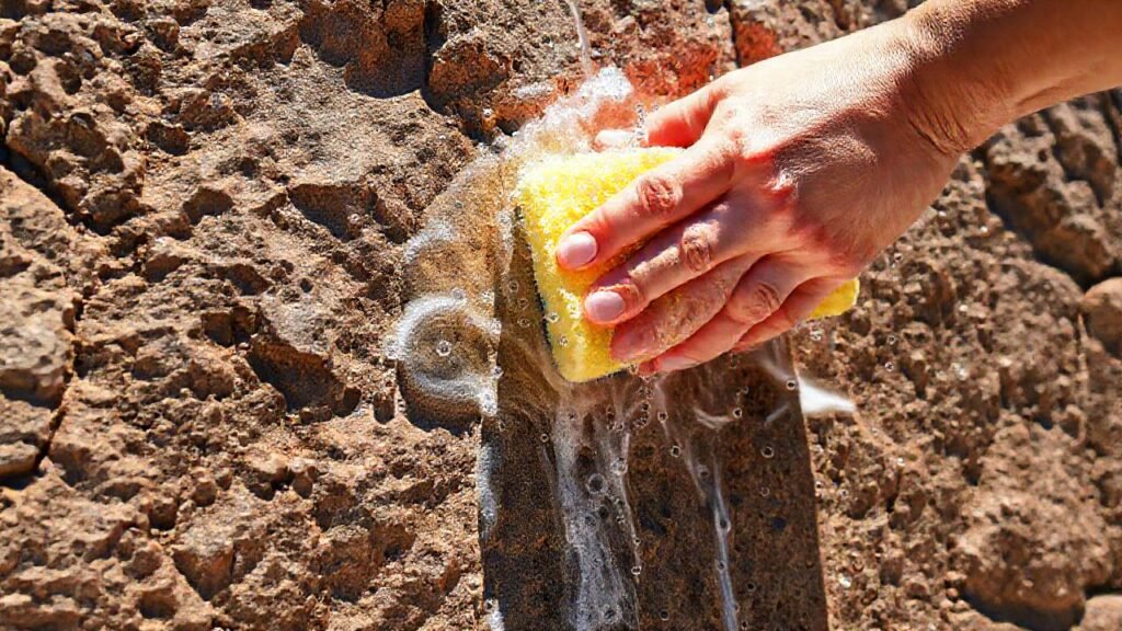 Mano limpia piedra con agua