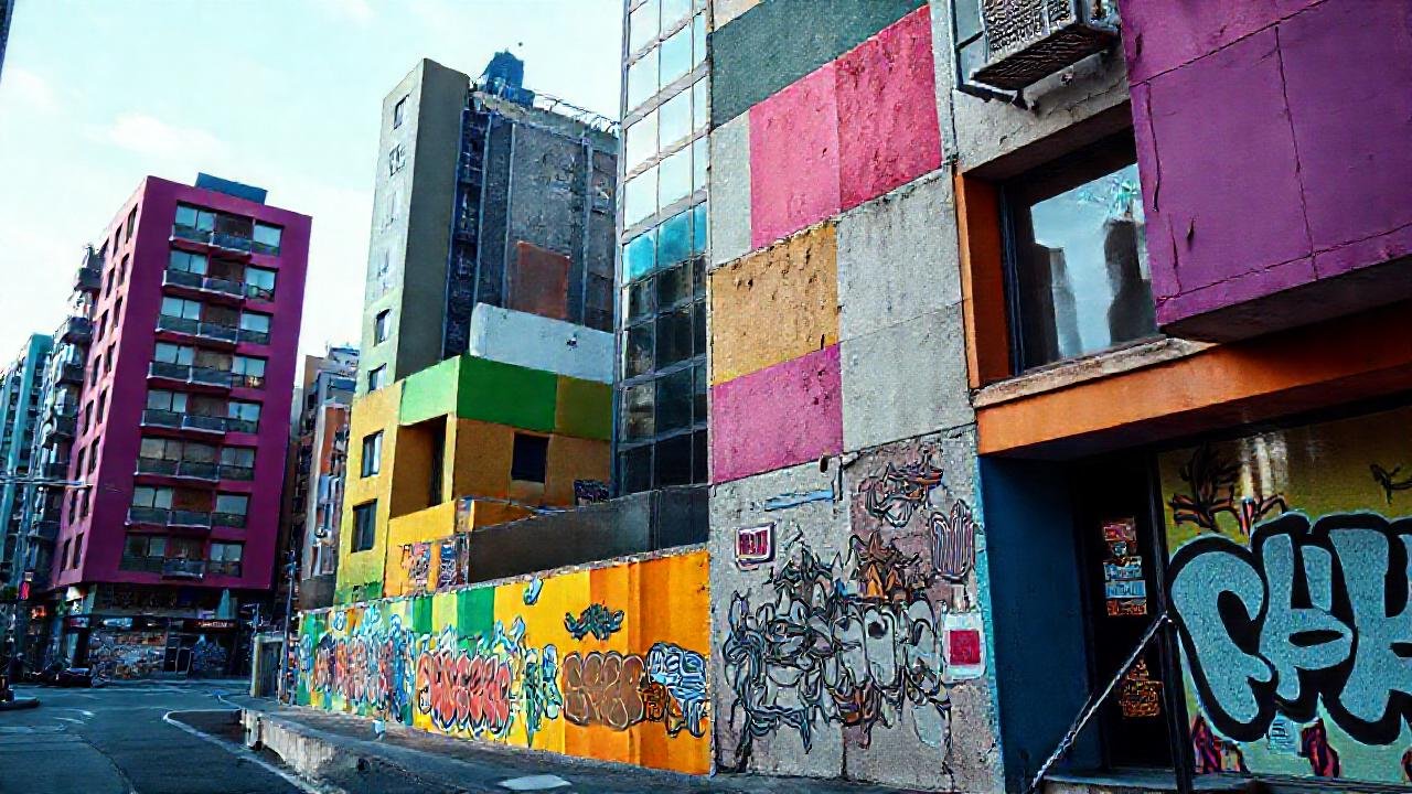 Ciudad moderna, colorida y dinámica