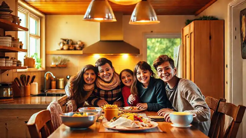 Una familia feliz desayuna en casa