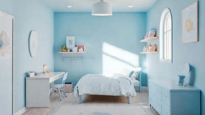 Un dormitorio infantil azul claro y alegre